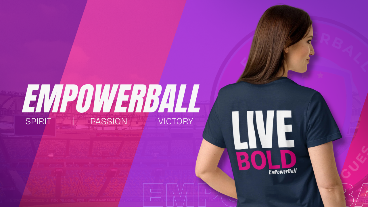 Person wearing a t-shirt with 'Live Bold' text, standing against a purple background with 'EmpowerBall' branding.